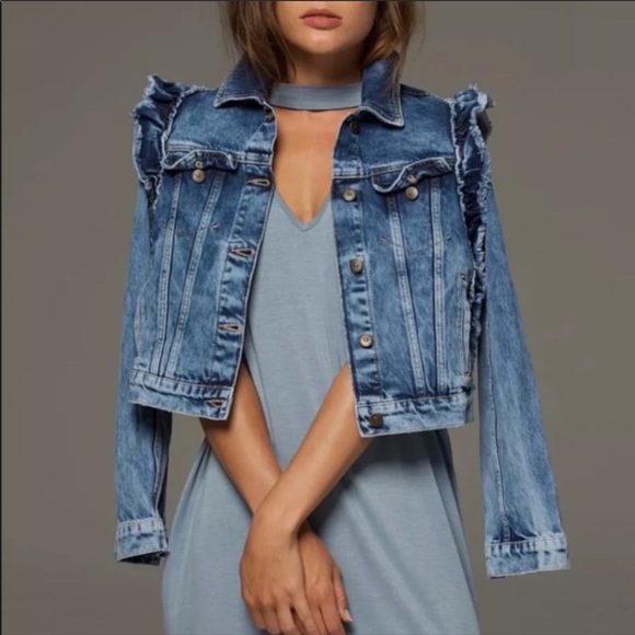 denim jacket ruffle shoulder